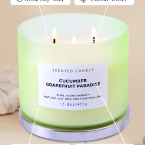 Cucumber Grapefruit Paradise Large Candle - 3 Wick Candle - Highly Scented Candle for Home 15.8 Oz - Natural Soy Candle Long Lasting, Clean Burn - Aromatherapy Stress Relief Candle for Men & Women