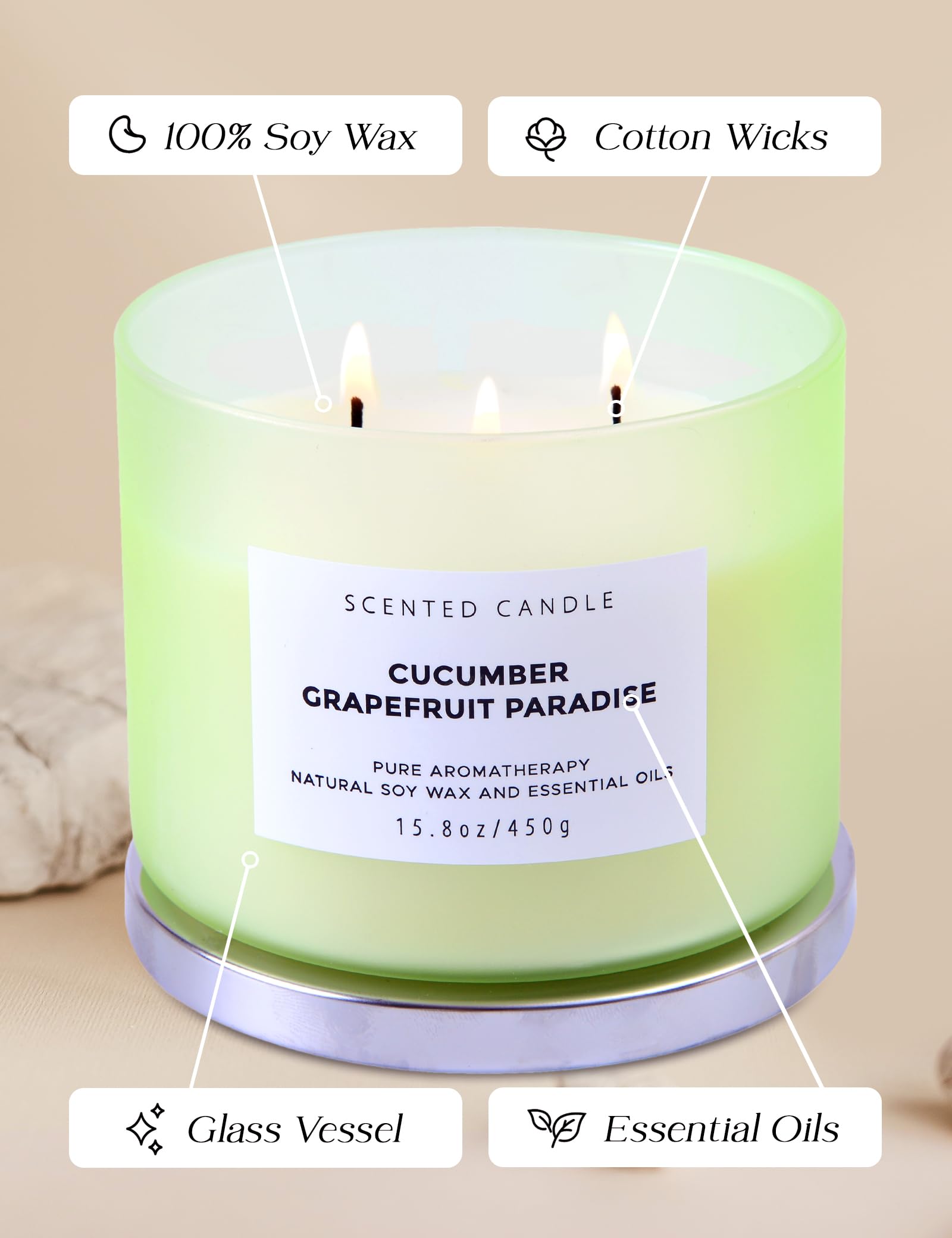 Cucumber Grapefruit Paradise Large Candle - 3 Wick Candle - Highly Scented Candle for Home 15.8 Oz - Natural Soy Candle Long Lasting, Clean Burn - Aromatherapy Stress Relief Candle for Men & Women