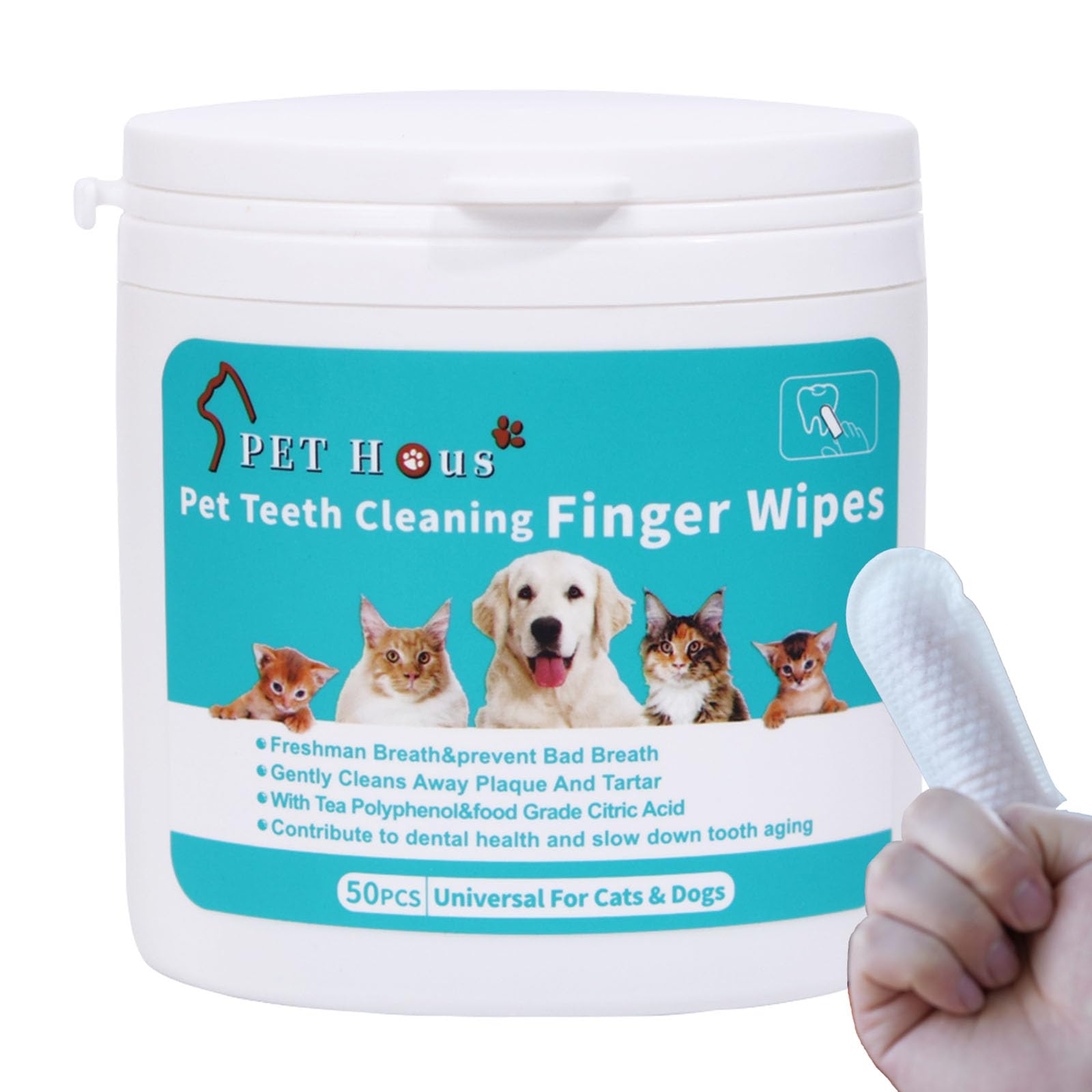 PET Hous Teeth Cleaning Finger Wipes for Cat & Dog & Rabbit.Reduces Plaque & Freshens Breath Finger Wipes, Disposable Gentle Cleaning & Gum Care Pet Wipes (50PCS)