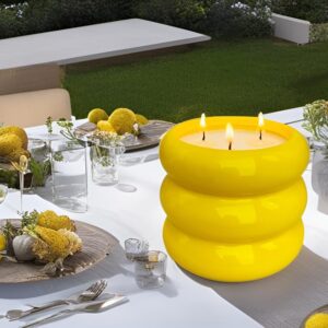 Outdoor 3 Wick Large Citronella Candle, 18oz, Ceramic, Yellow, Strong Lemongrass Scented Candles, for Patio Decor, Outside Table, Beautiful Candle Jars