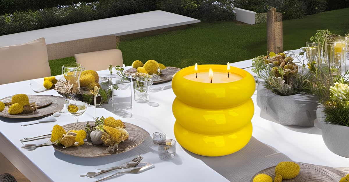 Outdoor 3 Wick Large Citronella Candle, 18oz, Ceramic, Yellow, Strong Lemongrass Scented Candles, for Patio Decor, Outside Table, Beautiful Candle Jars