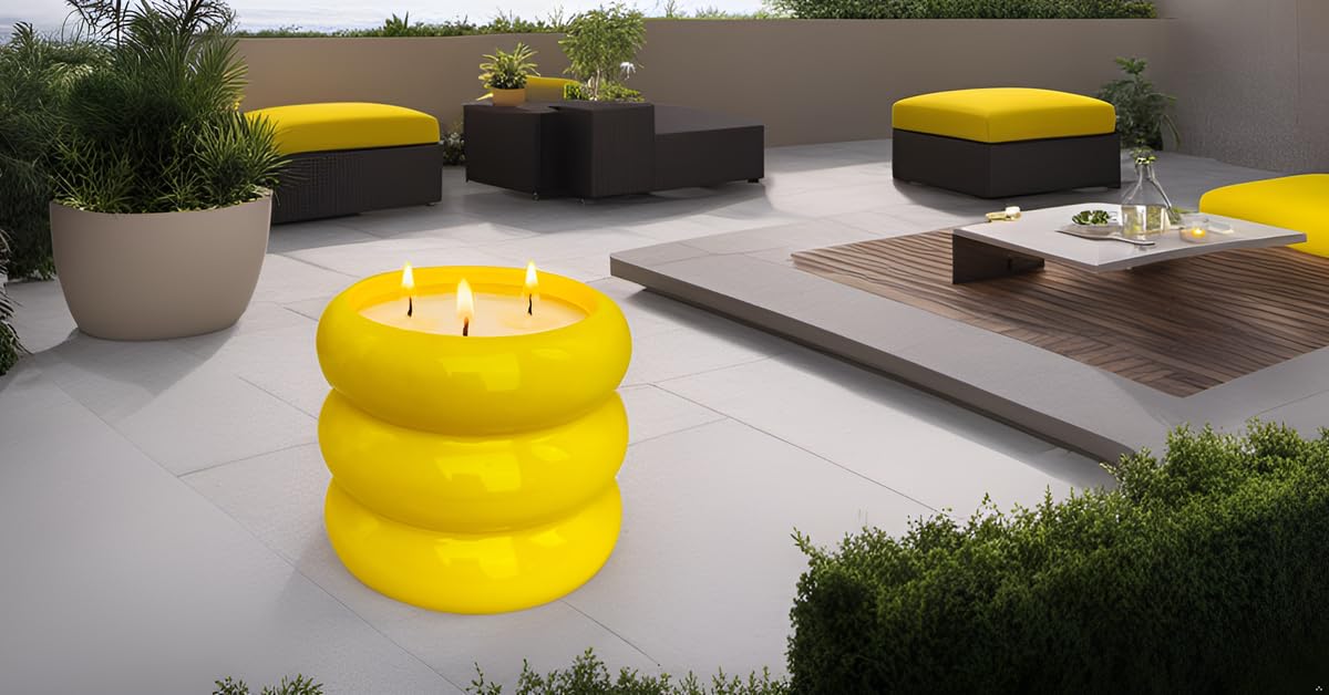 Outdoor 3 Wick Large Citronella Candle, 18oz, Ceramic, Yellow, Strong Lemongrass Scented Candles, for Patio Decor, Outside Table, Beautiful Candle Jars