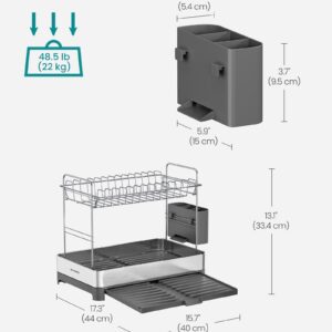 SONGMICS 2-Tier Small Dish Drying Rack, Expandable Dish Dryer for Kitchen Counter, Stainless Steel Dish Rack with Utensil Holder, Rustproof, for Dishes, Knives, Spoons, Forks, Silver Gray UKCS036G01