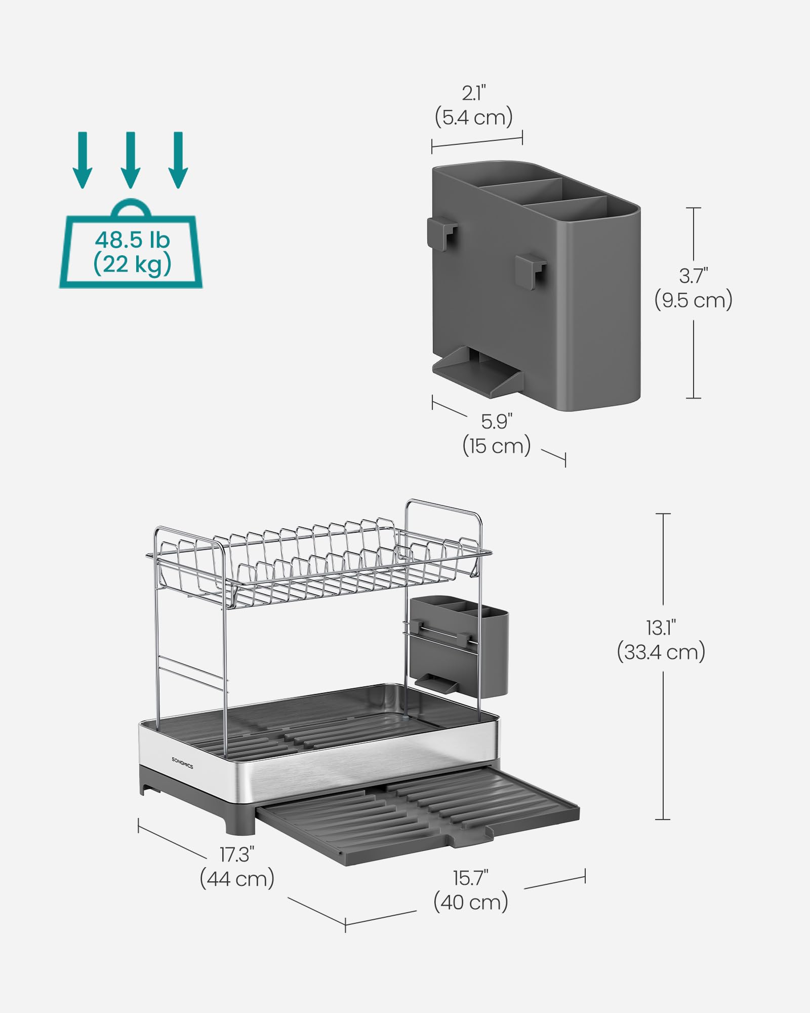 SONGMICS 2-Tier Small Dish Drying Rack, Expandable Dish Dryer for Kitchen Counter, Stainless Steel Dish Rack with Utensil Holder, Rustproof, for Dishes, Knives, Spoons, Forks, Silver Gray UKCS036G01