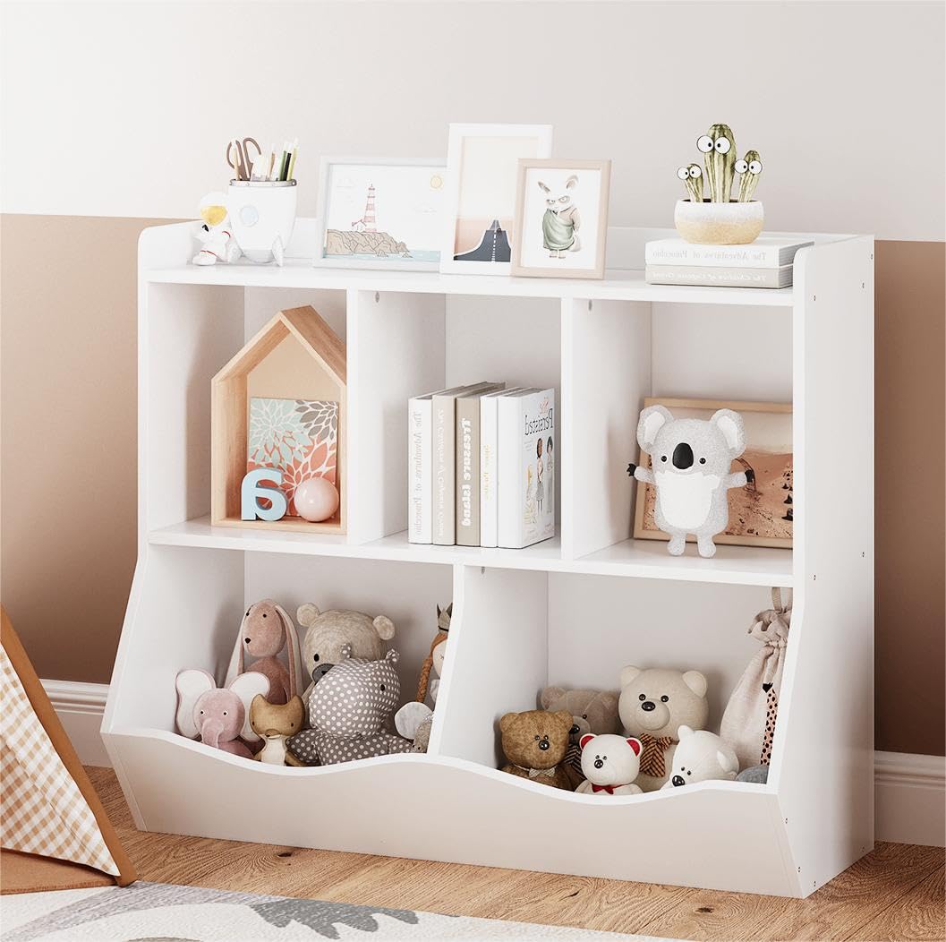 IDEALHOUSE Toy Bookcase, Multi Shelf with Cubby Organizer Cabinet for Storage Books and Toys, for Bedroom, Playroom, Kindergarten and Hallway (White)