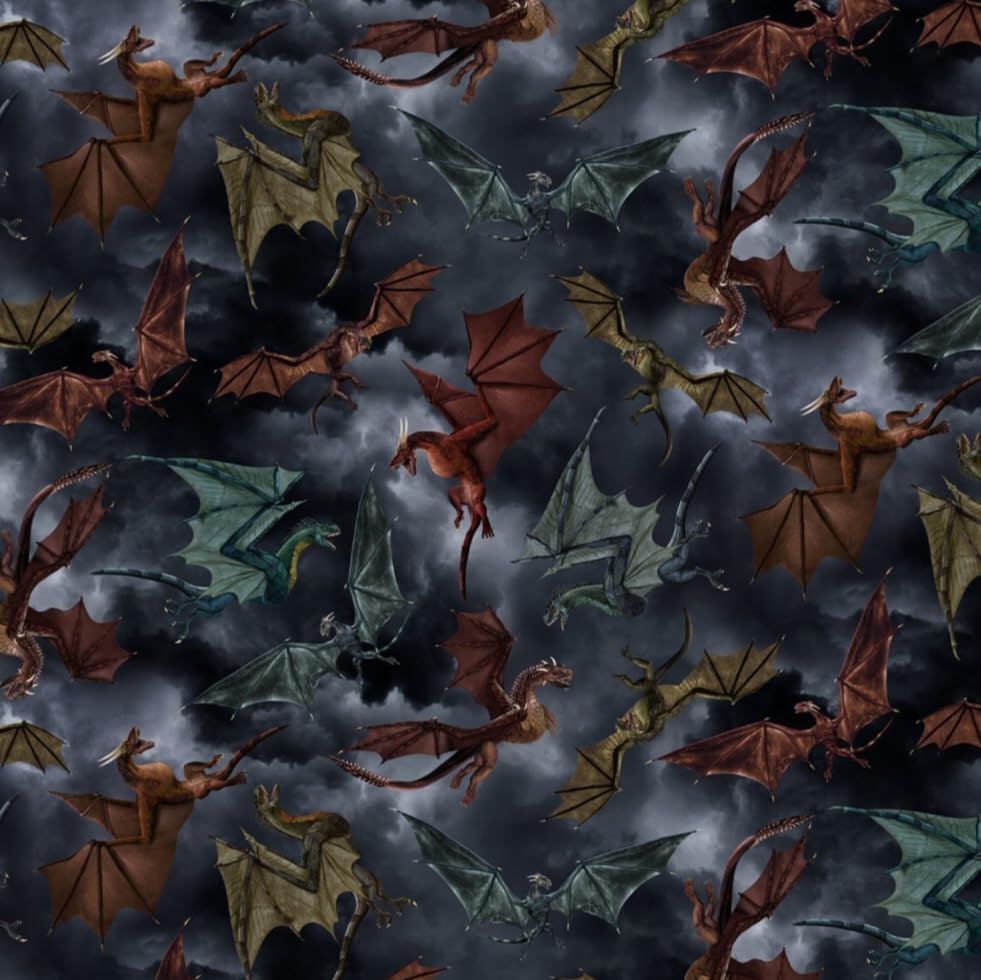 Dragon's Lair by Timeless Treasures Multicolor Dragons in Battle Cotton Fabric by The Yard, CD2494-GREY