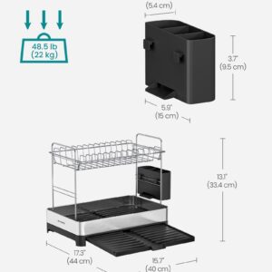 SONGMICS 2-Tier Small Dish Drying Rack, Expandable Dish Dryer for Kitchen Counter, Stainless Steel Dish Rack with Utensil Holder, Rustproof, for Dishes, Knives, Spoons, Forks, Silver Black UKCS036B01