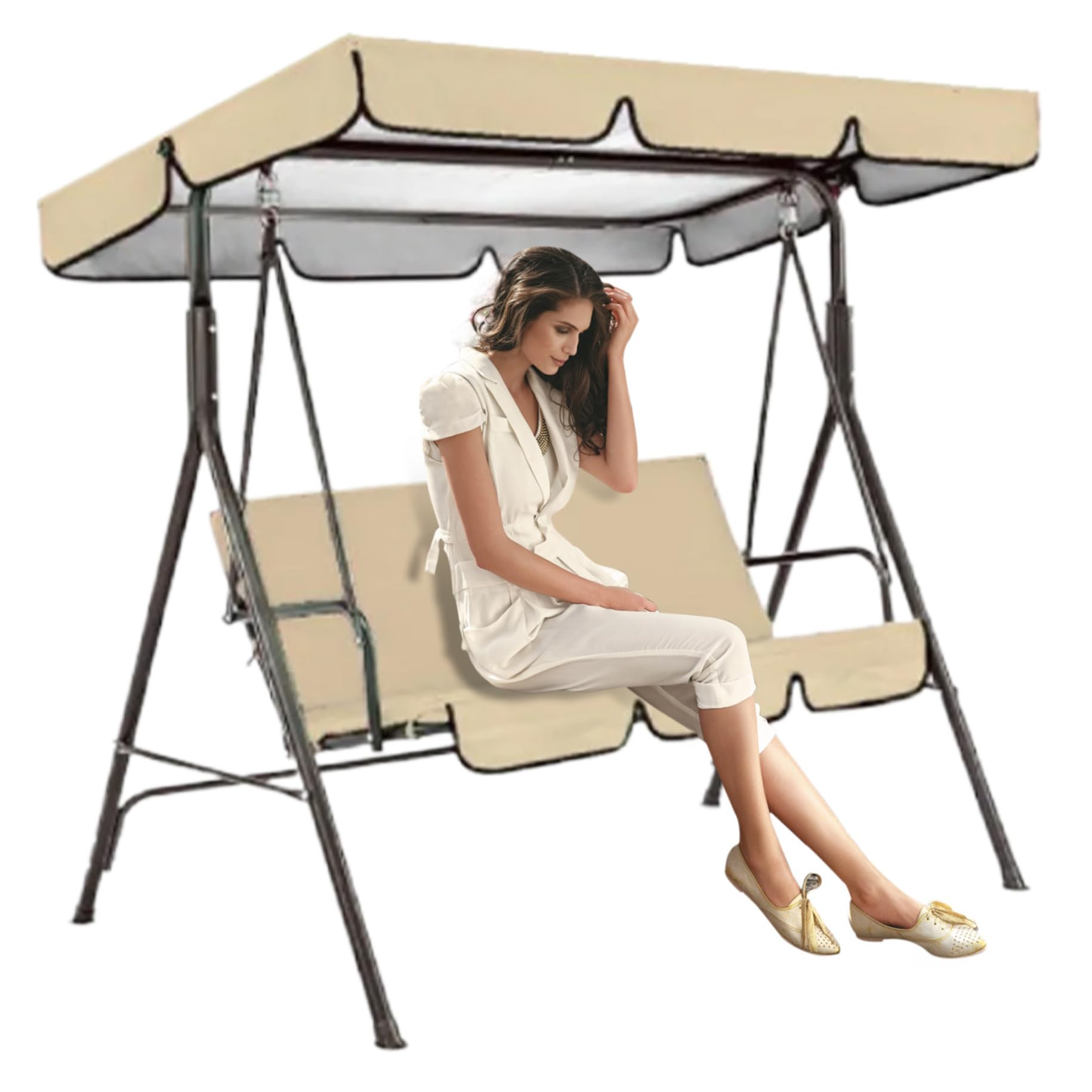 Patio Swing Parts, Swing Canopy Replacement with Seat Cover 2Pcs/Set Waterproof Outdoor Swing Canopy UV Protection Oxford Cloth Porch Swing Canopy Replacement, Beige