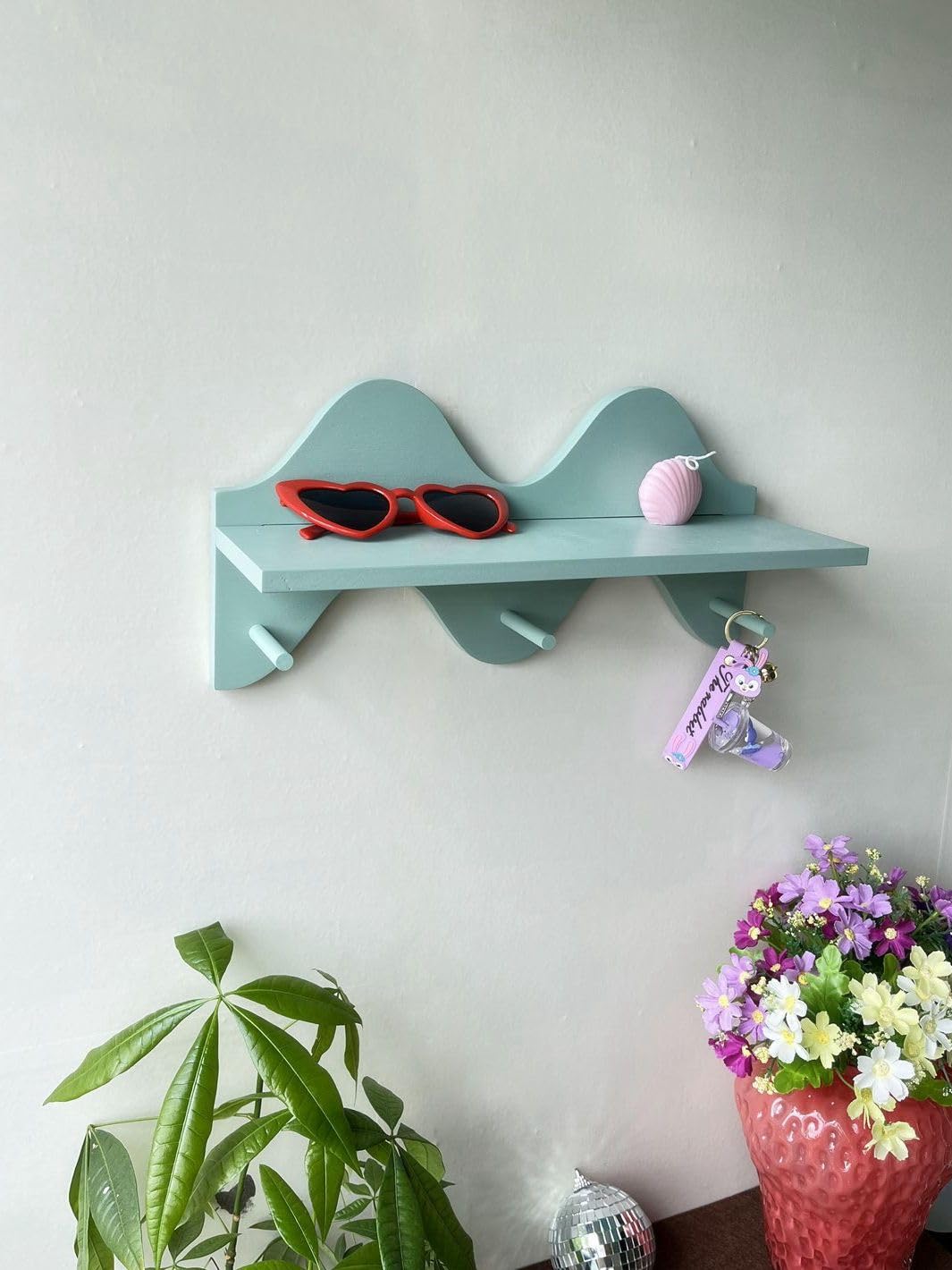 cozifycasa Floating Shelves for Wall Shelf with Hooks Key Holder Purse Rack Hanger Wood Small Cute Shelf for Bathroom Bedroom Game Room (sage Green)