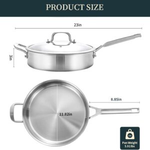 Yeksum Tri-Ply Stainless Steel Saute Pan 5QT, 12 Inch Deep Frying Pan with lids, 3-layer Large Skillet with Stay Cool Handle, Induction Pan, Durable, Compatible with All Cooktops Up to 500℉