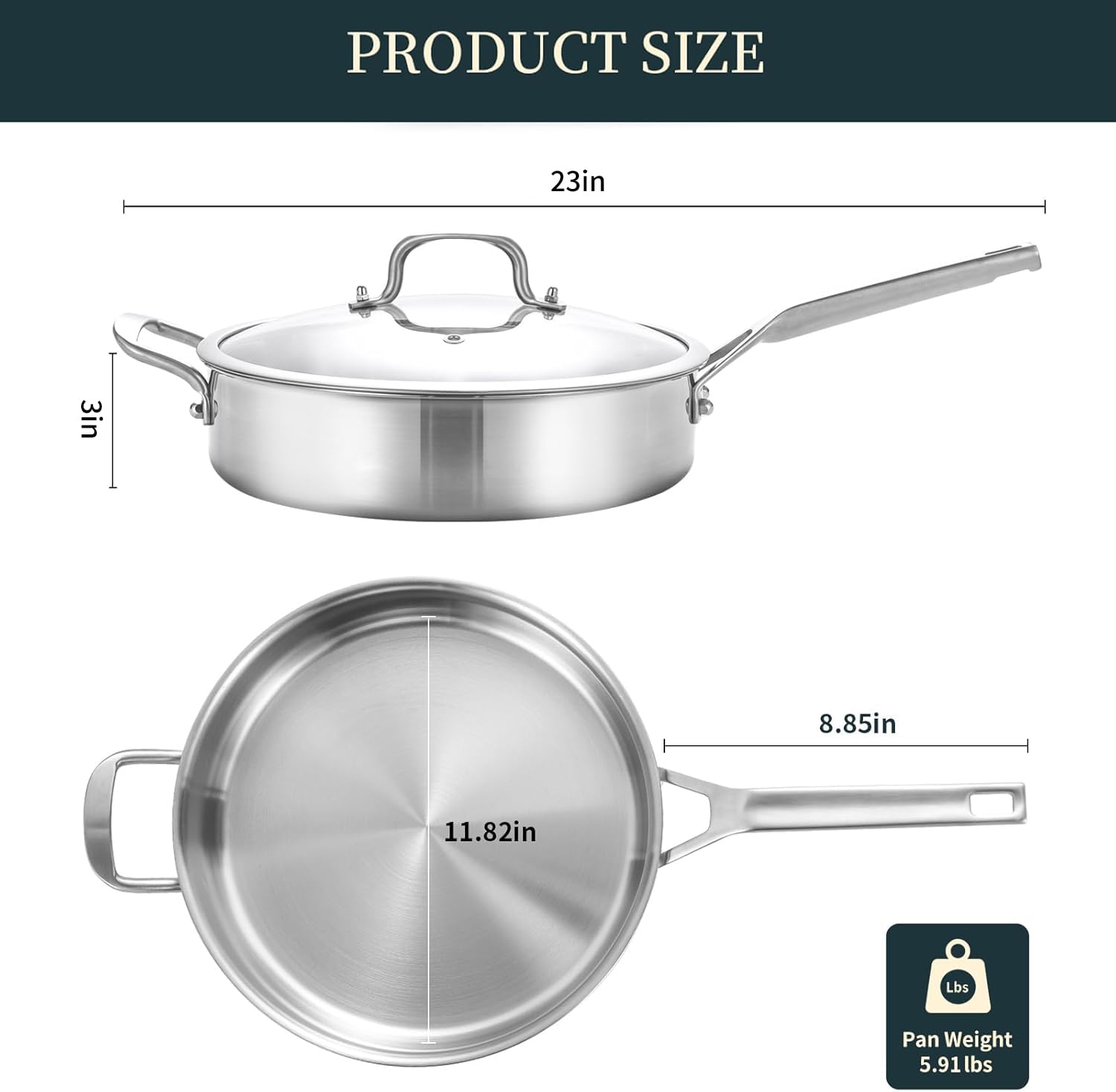 Yeksum Tri-Ply Stainless Steel Saute Pan 5QT, 12 Inch Deep Frying Pan with lids, 3-layer Large Skillet with Stay Cool Handle, Induction Pan, Durable, Compatible with All Cooktops Up to 500℉