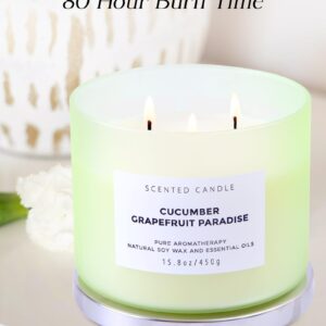 Cucumber Grapefruit Paradise Large Candle - 3 Wick Candle - Highly Scented Candle for Home 15.8 Oz - Natural Soy Candle Long Lasting, Clean Burn - Aromatherapy Stress Relief Candle for Men & Women