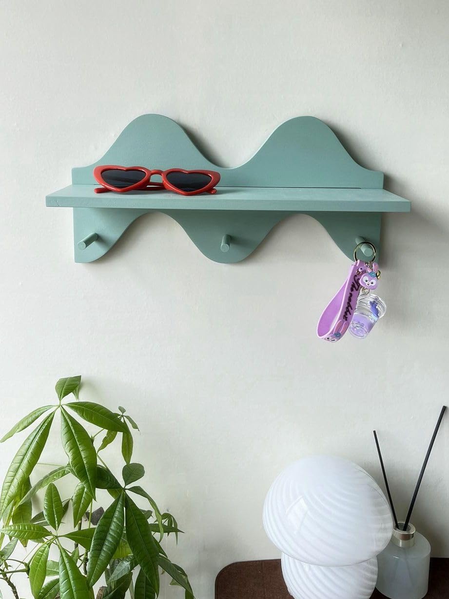 cozifycasa Floating Shelves for Wall Shelf with Hooks Key Holder Purse Rack Hanger Wood Small Cute Shelf for Bathroom Bedroom Game Room (sage Green)