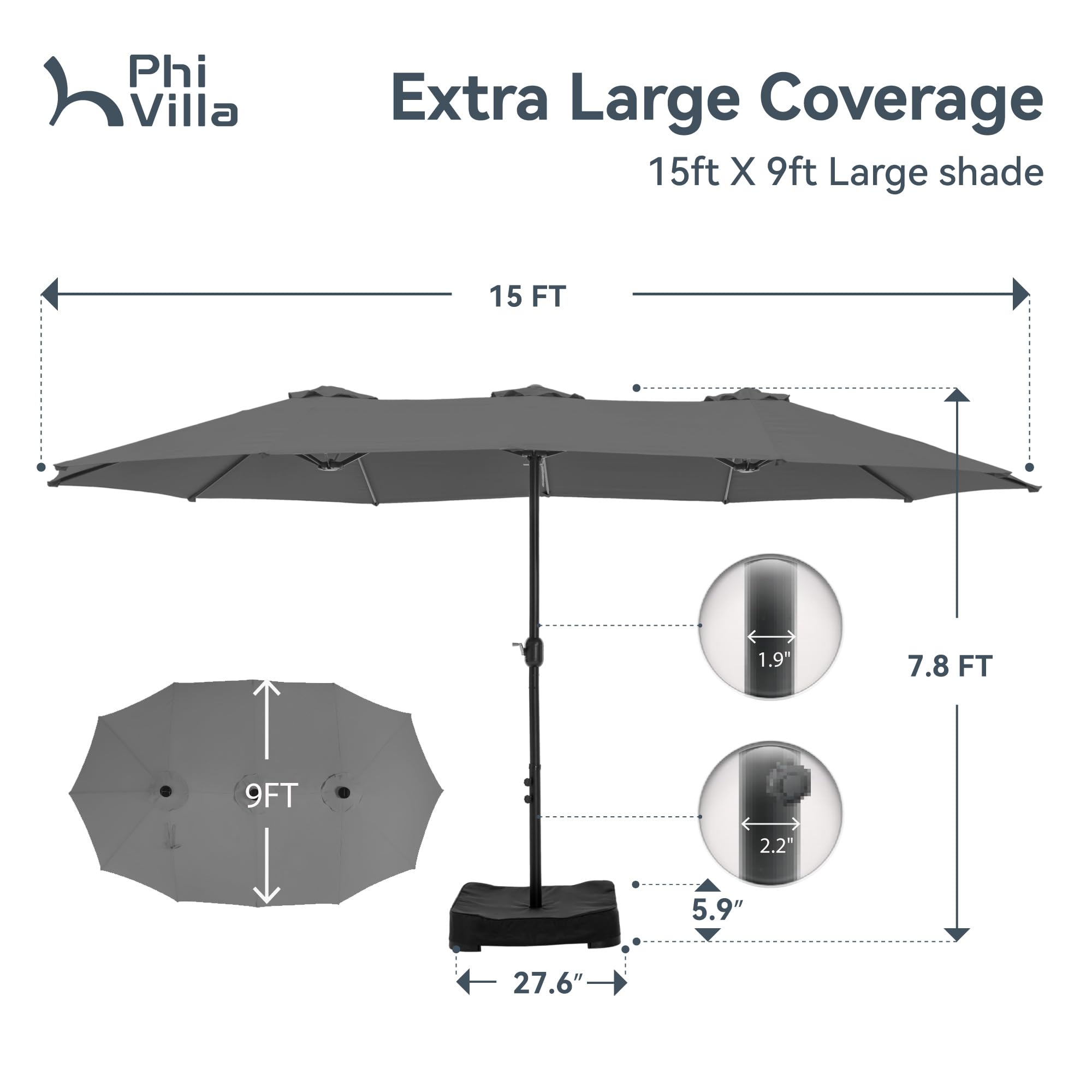 PHI VILLA 15ft Large Patio Umbrellas with Base, Outdoor Double-Sided Rectangle Market Umbrella for Pool Lawn Garden, Light Gray