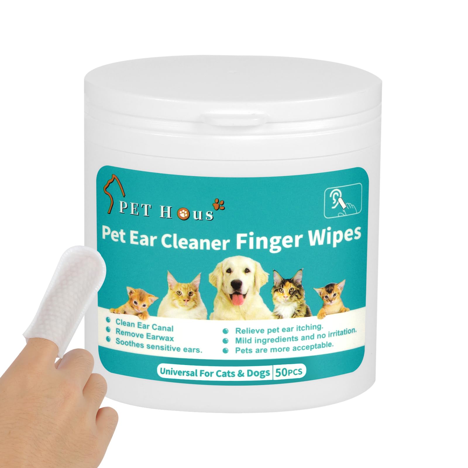 PET Hous Dog Ear Wipes.Ear Cleansing Finger Wipes for Cats & Rabbit | Sooths & Deodorizes |Grooming Kit Care for Pets Ears. 50 Disposable Wipes.