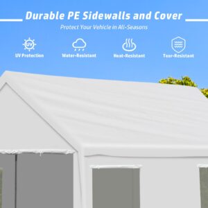 Aoodor 20 x 12 FT. Vehicle Carport Canopy Portable Garage Party Canopy Tent Boat Shelter, Heavy Duty Metal Frame with Removable Rool-up Sidewalls and Doors, White