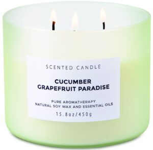 cucumber grapefruit paradise large candle - 3 wick candle - highly scented candle for home 15.8 oz - natural soy candle long lasting, clean burn - aromatherapy stress relief candle for men & women