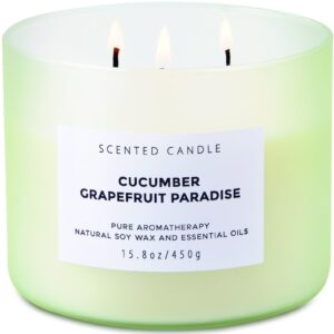 Cucumber Grapefruit Paradise Large Candle - 3 Wick Candle - Highly Scented Candle for Home 15.8 Oz - Natural Soy Candle Long Lasting, Clean Burn - Aromatherapy Stress Relief Candle for Men & Women