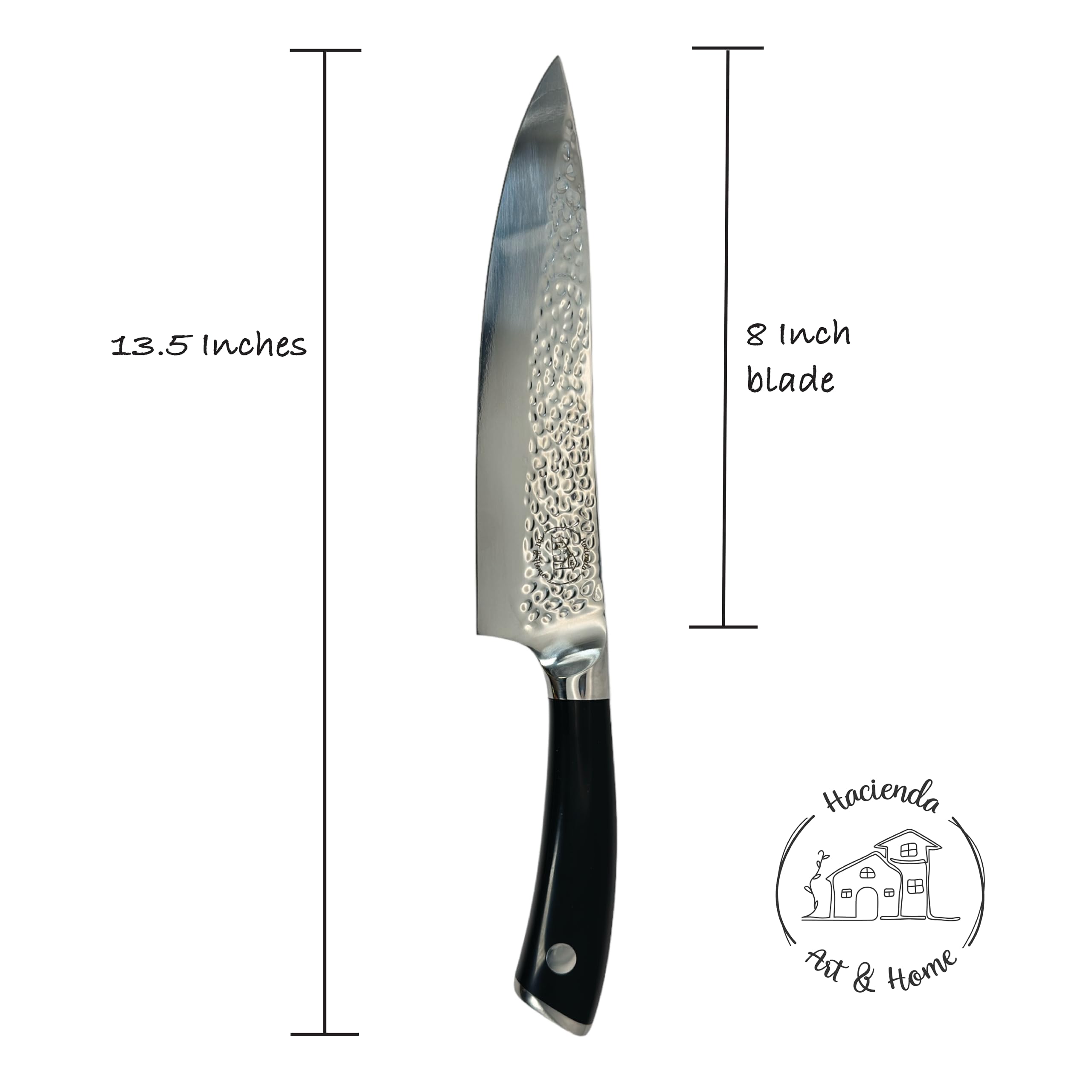 HACIENDA ART & HOME Chef Knife 8 Inch, Hammered Steel, Ultra Sharp Professional High Carbon Stainless Steel Knife for Home & Restaurant, Gift Quality Box – Perfect for Home, Chefs, and Gifts