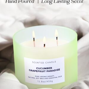 Cucumber Grapefruit Paradise Large Candle - 3 Wick Candle - Highly Scented Candle for Home 15.8 Oz - Natural Soy Candle Long Lasting, Clean Burn - Aromatherapy Stress Relief Candle for Men & Women