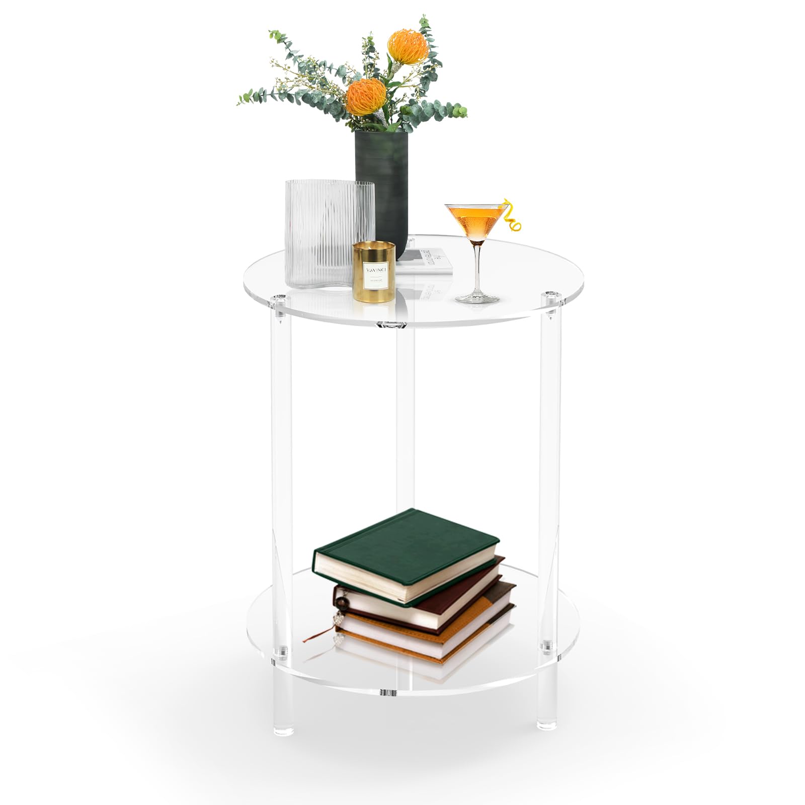 CHONOVO Clear Acrylic Round Side Table for Small Spaces, Acrylic Clear Coffee/End/Bedside Table,2-Tier Acrylic Nightsand/Furniture for Living Room, Bedroom, Bathroom, Garden, Office