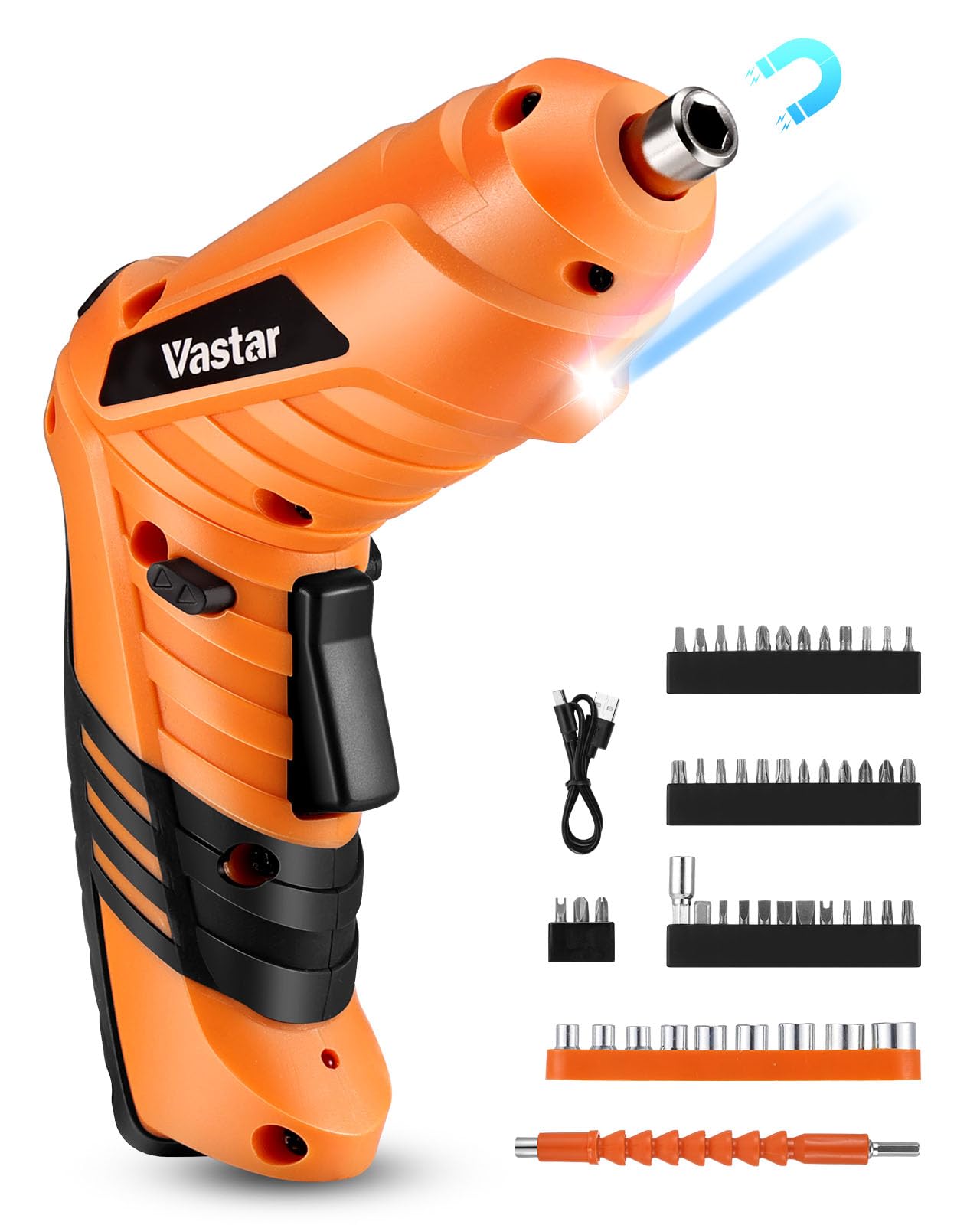 Vastar Cordless Electric Screwdriver Set, 48Pcs 3.7V Rechargeable Screwdriver Kit, Dual Position Handle, Battery Indicator, Flexible Shaft, LED Light