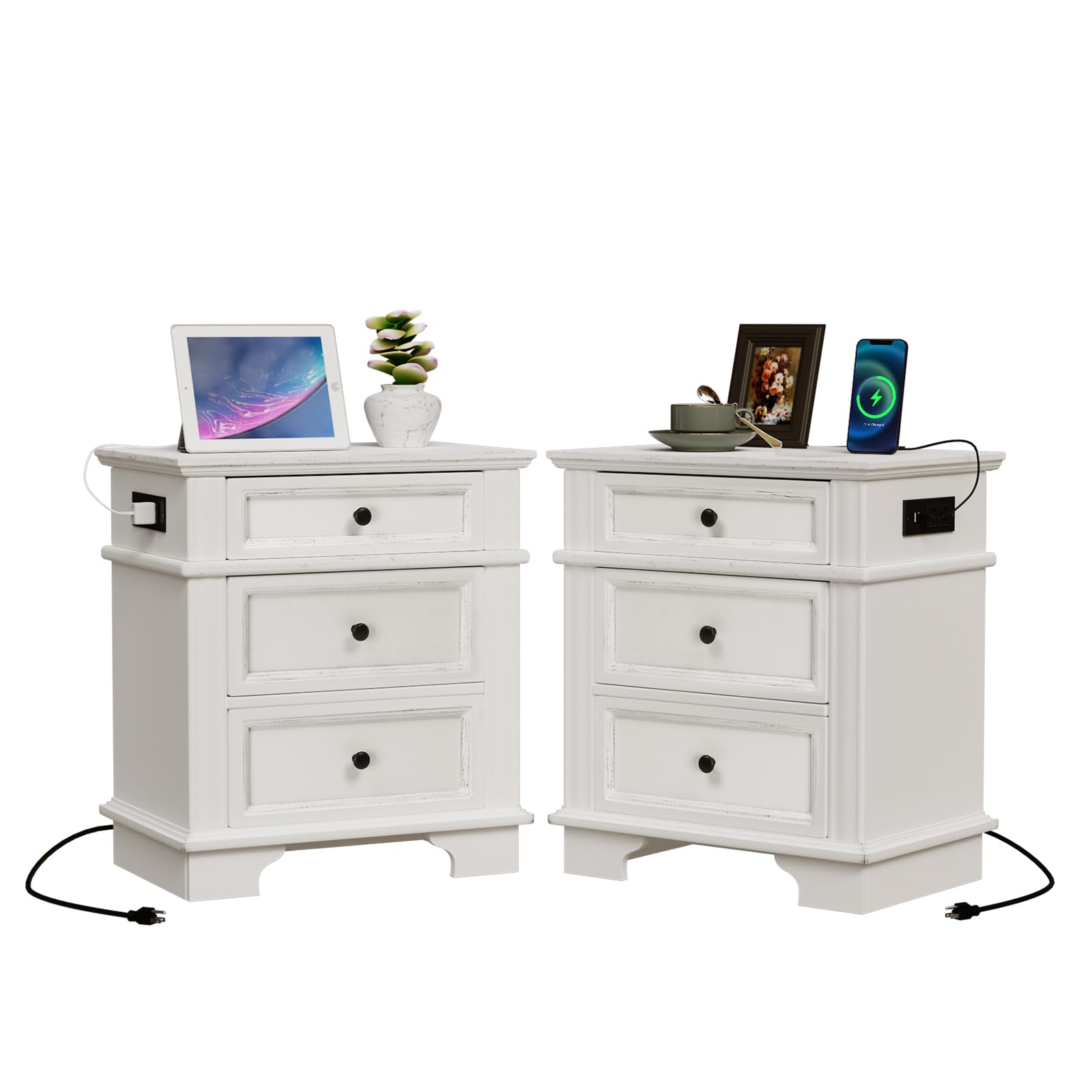 VINGLI White Nightstand Set of 2, 24" W Nightstand with Charging Station, 3 Drawer Nightstand with Textured Drawers, Large Nightstand Wood, Bedroom Nightstand, Bedside Table,Vintage Night Stand