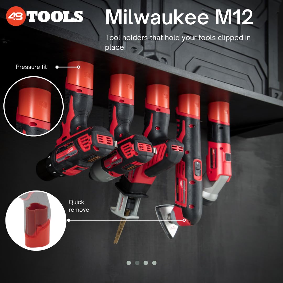 48 Tools Milwaukee M12 12V Tool Mount Holder, 4 Pack with 1/4" Nut Insert, Strong UV-Stabilized ABS - Clip-in Design for Tradesmen