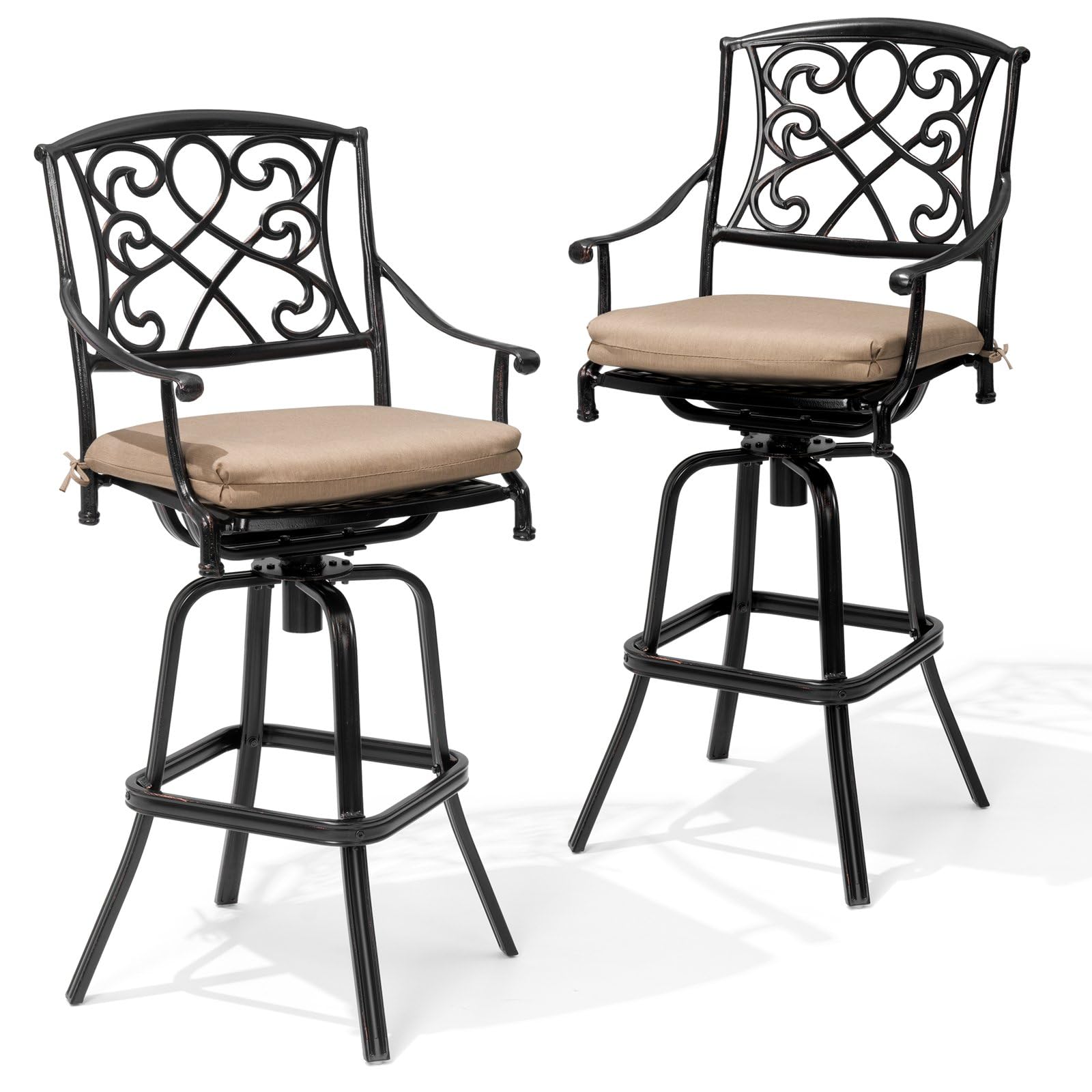 Crestlive Products Heavy Duty Cast Aluminum Frame & Sunbrella Fabric Cushion Counter Height Swivel Bar Stool All Weather Patio Furniture Antique Brown Finish for Outdoor Indoor, 2 PCS (Beige)