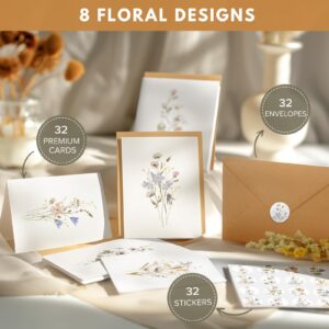 BGTCARDS Blank Cards, 32 Pack Blank Greet Cards, Beautiful Blank Note Cards, Perfect Stationary Set For All Occasions, 8 Assorted Floral Designs, 4" x 6"