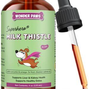 Wonder Paws Milk Thistle, Liver Support for Dogs, Supports Kidney Function for Pets, Detox, Hepatic Support, with Wild Alaskan Salmon Oil & Curcumin, Omega 3 EPA & DHA (4 Oz)