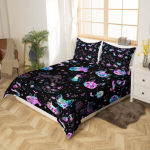 Ombre Cat Skull Duvet Cover Black Galaxy Starry Bedding Set Gothic Constellation Comforter Cover Room Decor White Bats Animal Bedspread Cover Queen Size with 2 Pillow Cases