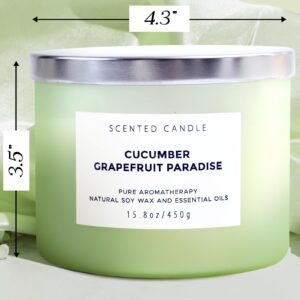 Cucumber Grapefruit Paradise Large Candle - 3 Wick Candle - Highly Scented Candle for Home 15.8 Oz - Natural Soy Candle Long Lasting, Clean Burn - Aromatherapy Stress Relief Candle for Men & Women