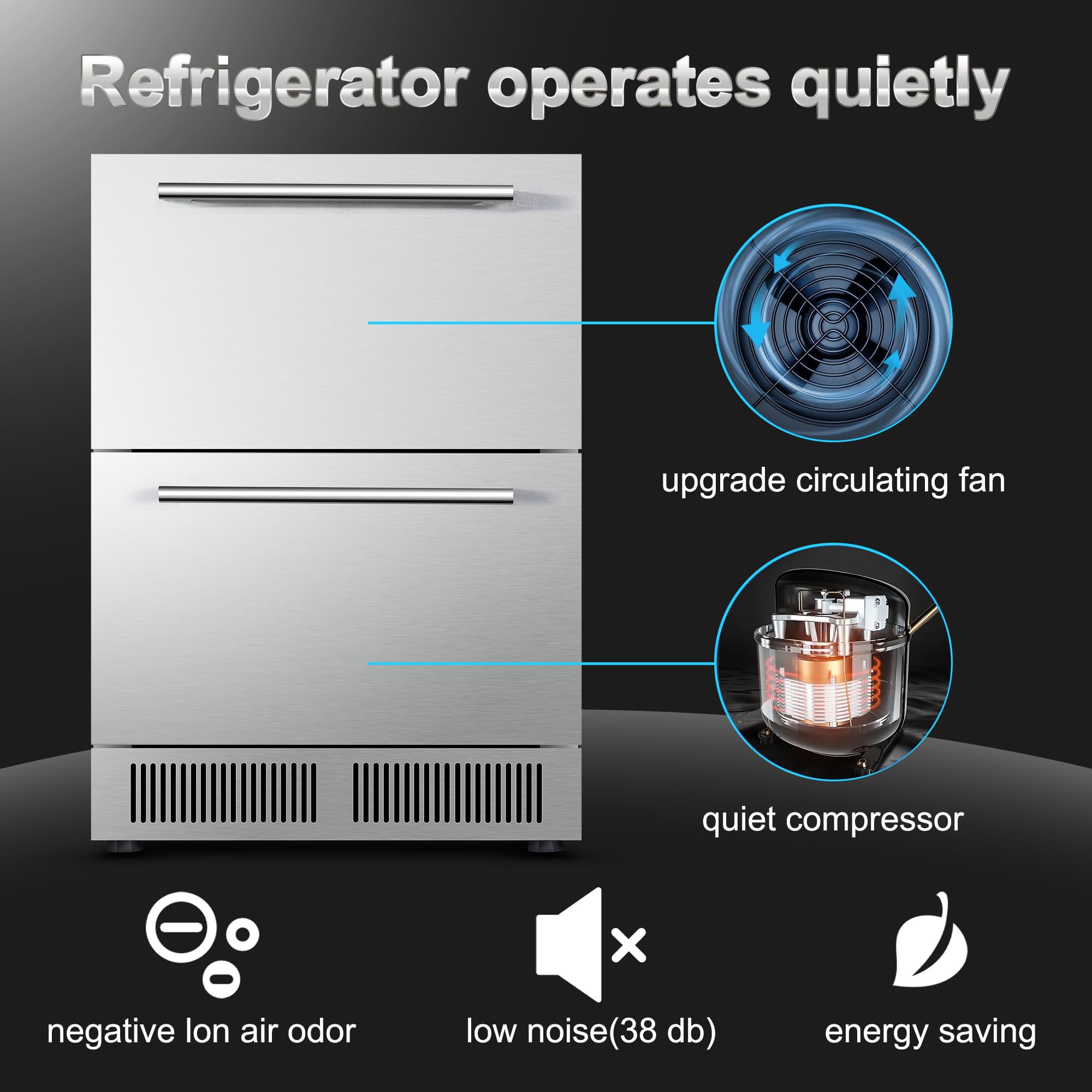 24 Inch Outdoor Drawer Fridge, Under Counter Double Drawer Beverage Refrigerator, 5.12 Cu.Ft. Weather Proof Stainless Steel Built-in Freezer Cooler for Patio Outdoor Kitchen, Indoor Outdoor Use