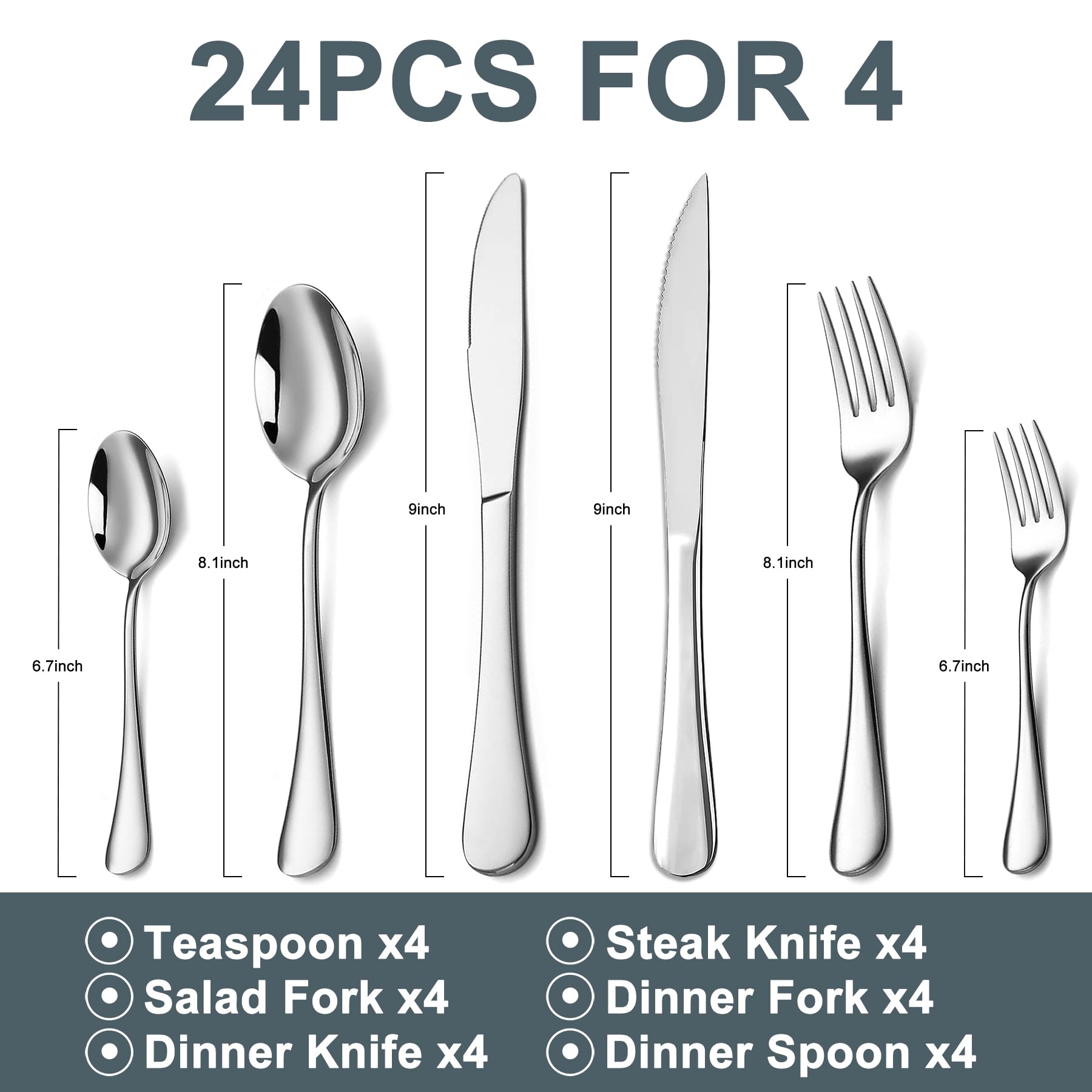 Silverware Set,SANTUO Stainless Steel Knives Spoon Forks Set for Home, Kitchen and Restaurant, Mirror Polished& Dishwasher Safe (24pcs Silverware set)