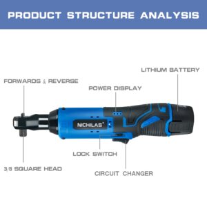 NICHILAS Cordless Electric Ratchet Wrench 3/8", 12V Power Ratchet Driver Tool with 7 Sockets & 2-Pack 2.0Ah Battery and Charger