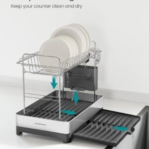 SONGMICS 2-Tier Small Dish Drying Rack, Expandable Dish Dryer for Kitchen Counter, Stainless Steel Dish Rack with Utensil Holder, Rustproof, for Dishes, Knives, Spoons, Forks, Silver Gray UKCS036G01