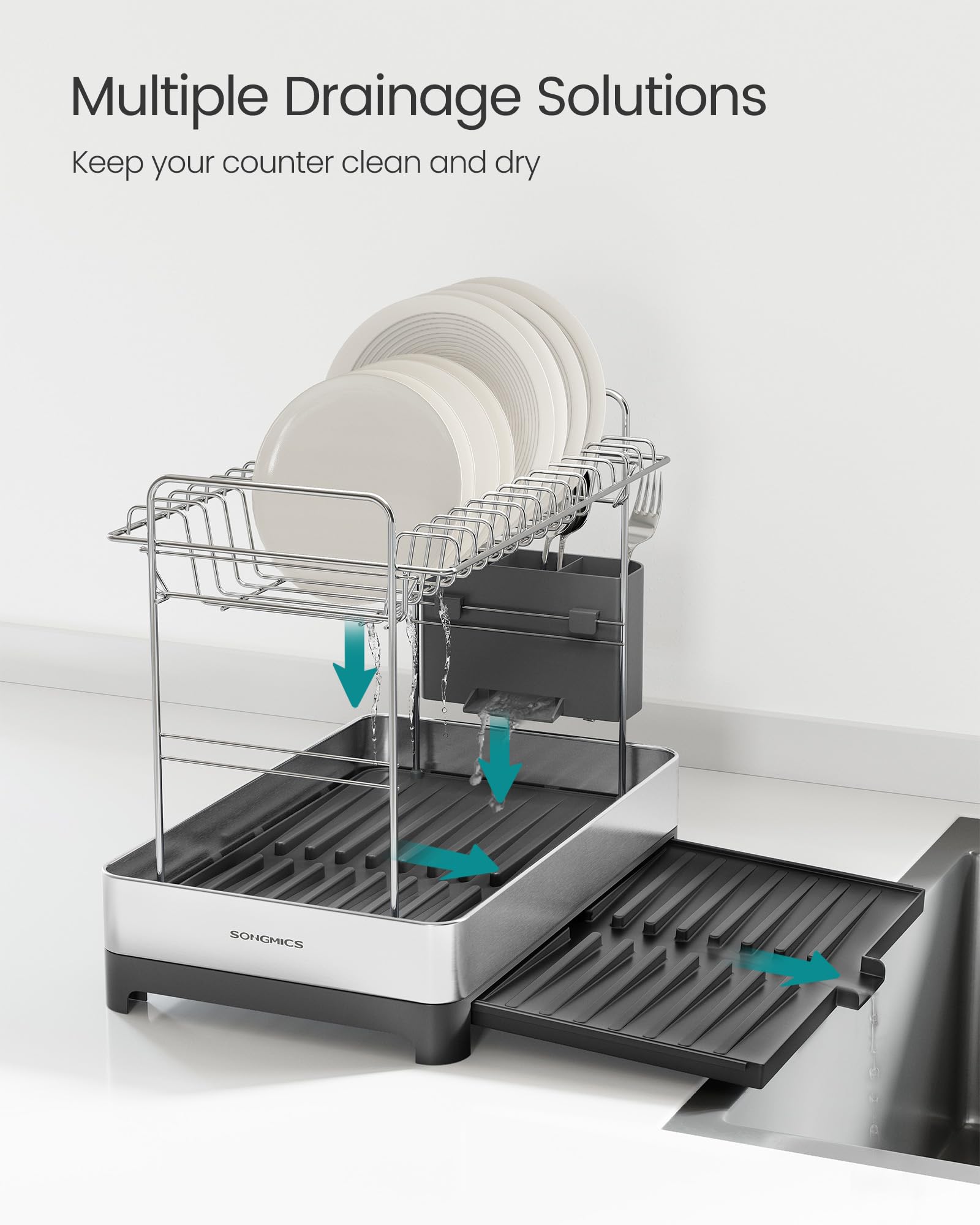 SONGMICS 2-Tier Small Dish Drying Rack, Expandable Dish Dryer for Kitchen Counter, Stainless Steel Dish Rack with Utensil Holder, Rustproof, for Dishes, Knives, Spoons, Forks, Silver Gray UKCS036G01