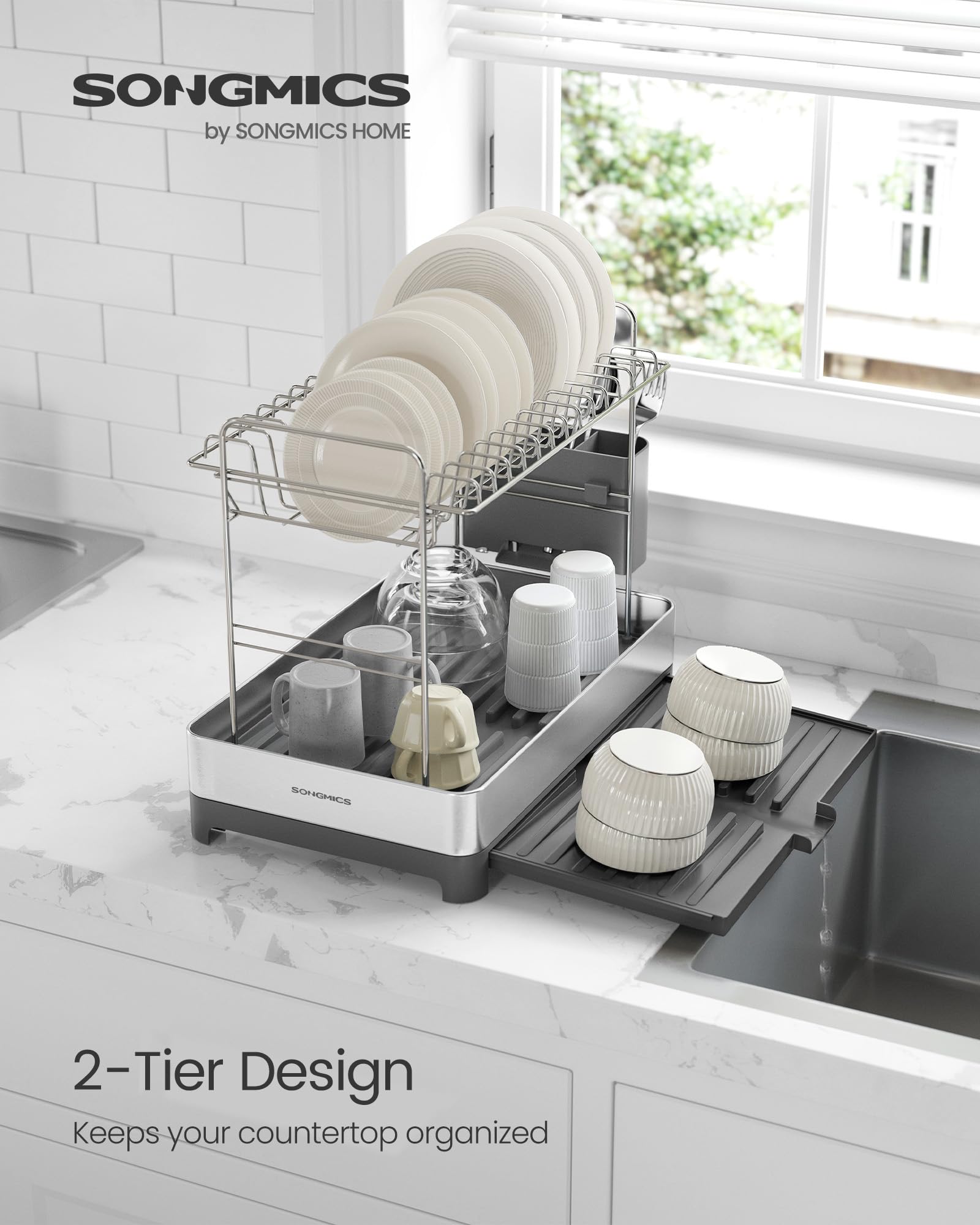 SONGMICS 2-Tier Small Dish Drying Rack, Expandable Dish Dryer for Kitchen Counter, Stainless Steel Dish Rack with Utensil Holder, Rustproof, for Dishes, Knives, Spoons, Forks, Silver Gray UKCS036G01