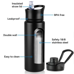 24oz Insulated Water Bottle with Straw Lid, Stainless Steel Metal Water Bottle with Straw & Wide Mouth Lid, Double Wall Vacuum Water Bottle for Hiking Camping, Black 1 Pack