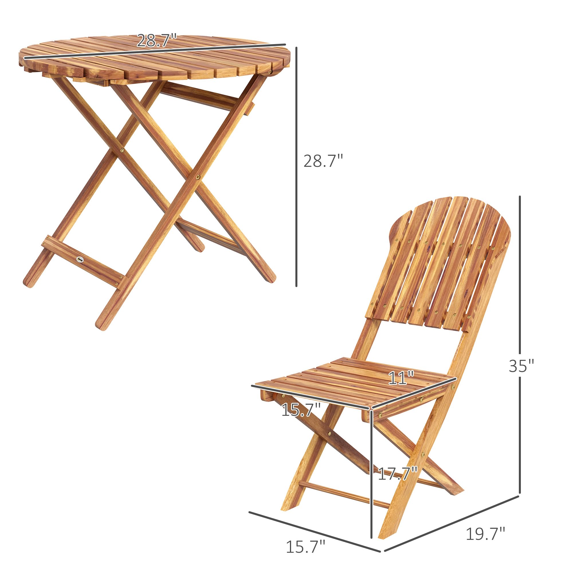 Outsunny 3-Piece Acacia Wood Bistro Set, Foldable Bistro Table and Chairs, Outdoor Bistro Set for Garden, Backyard, Balcony, Deck, Porch, Natural Wood Finish