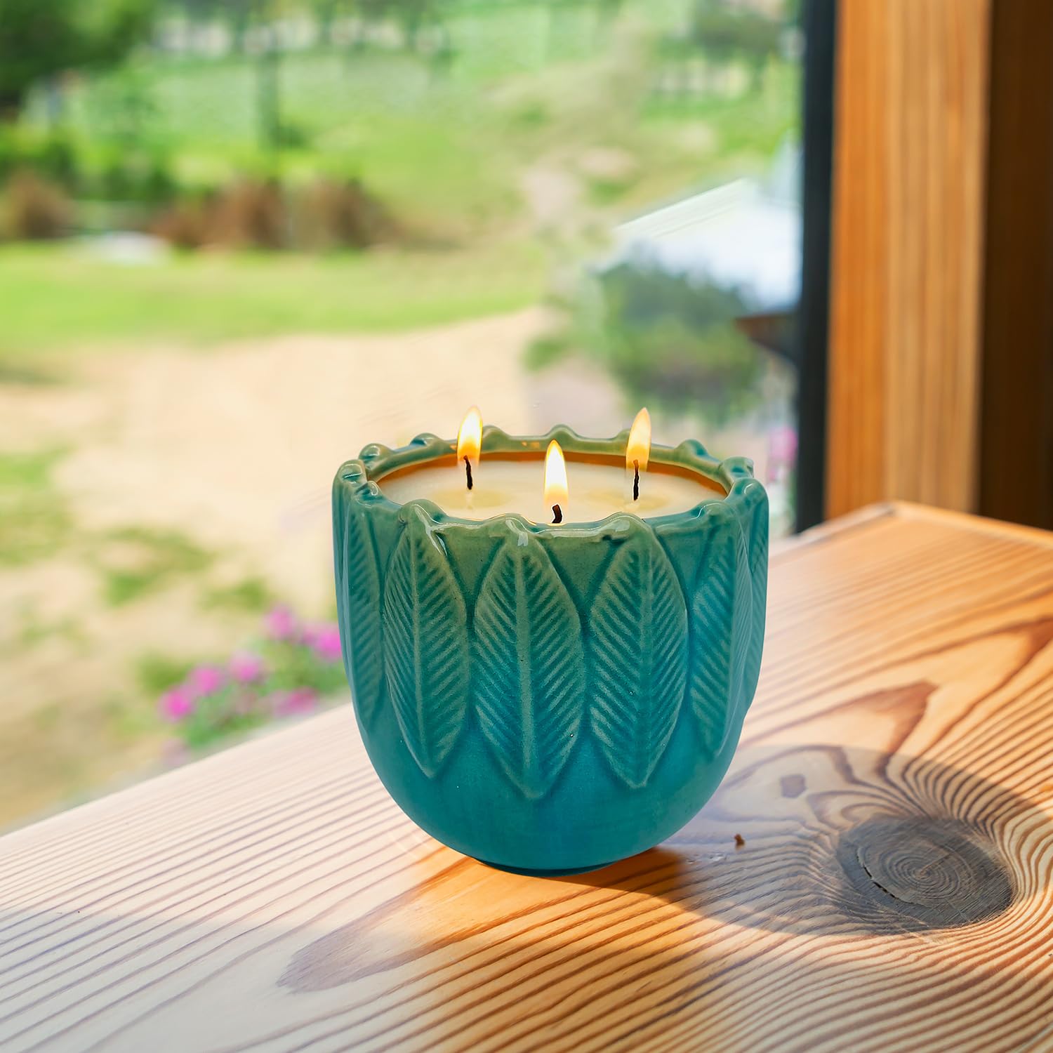 Exquisite Ceramic Citronella Candle Outdoor, Natural Essential Oils & Soy Wax Scented Candle, Indoor Outdoor Ambiance Enhancing Centerpiece Candles, 20oz 3-Wick Large Citronella Candle