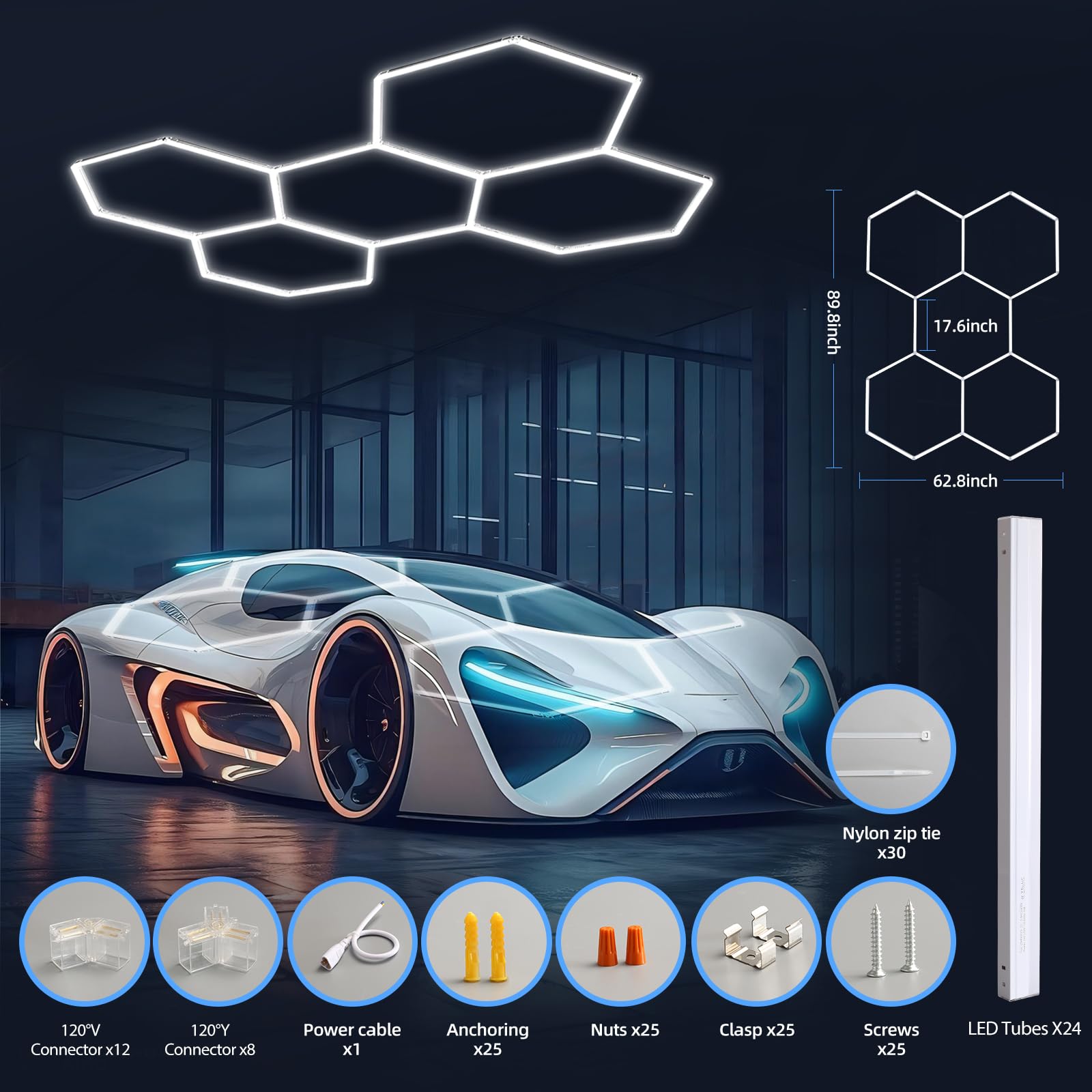 Hexagon LED Lights for Garage Gym Gaming Car Detailing Auto Beauty Studio Basement Barbershop Bedroom Wall Decor, 17280LM Super Bright 5 Grids Honeycomb Garage Lights Ceiling LED Shop Light (24 Pack)