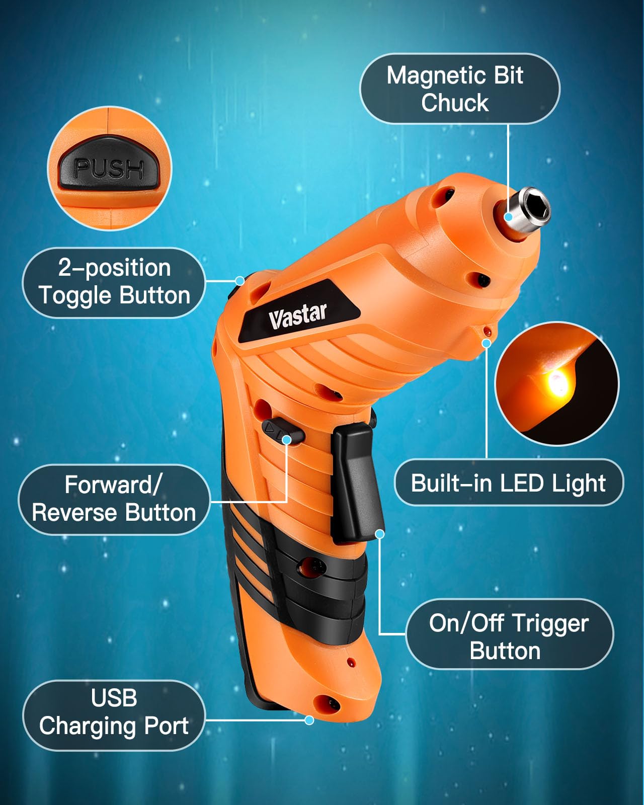 Vastar Cordless Electric Screwdriver Set, 48Pcs 3.7V Rechargeable Screwdriver Kit, Dual Position Handle, Battery Indicator, Flexible Shaft, LED Light