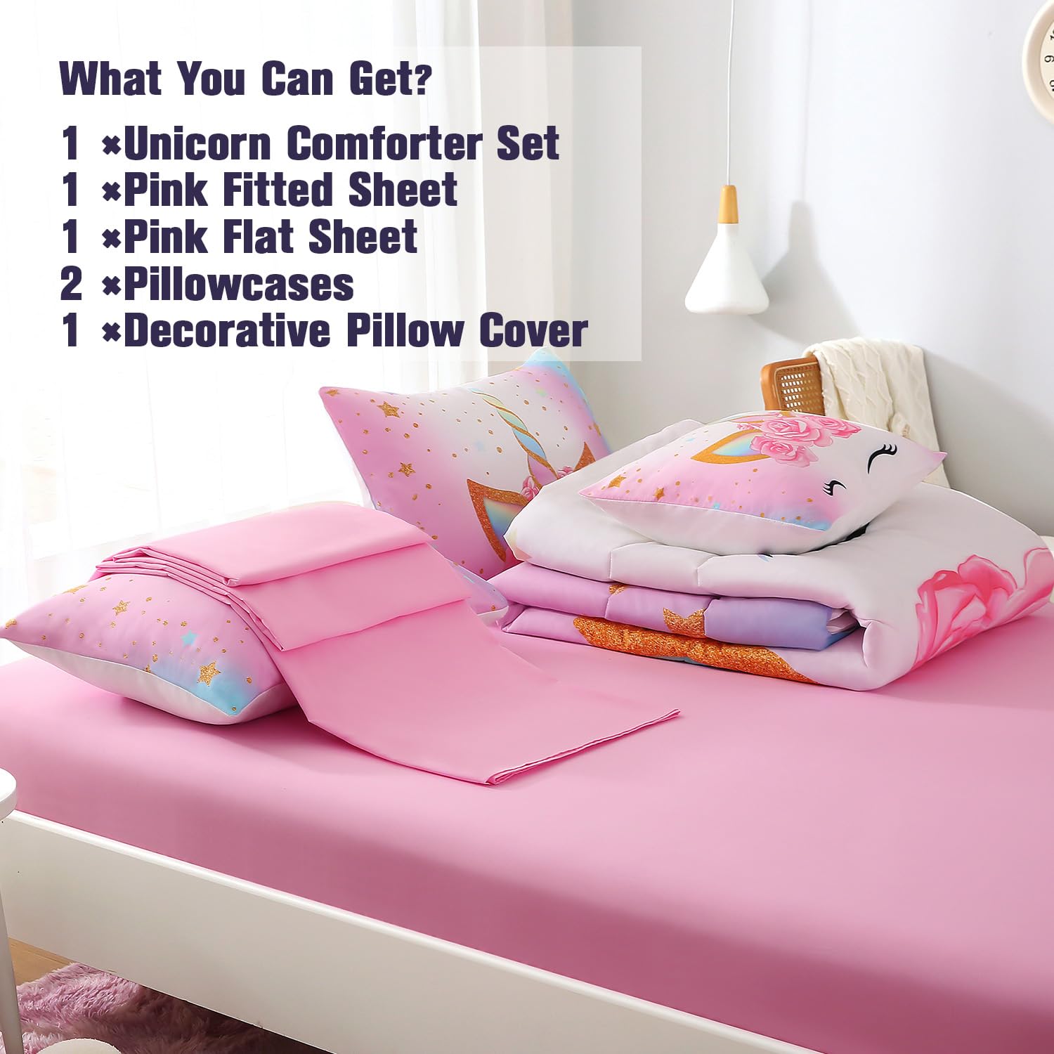 Keyroal 6Pcs Queen Comforter Set with Sheet,Unicorn Flower Bedding Set for Kids,Pink Rainbow Bed in a Bag Bedding for Girls-Smile Unicorn