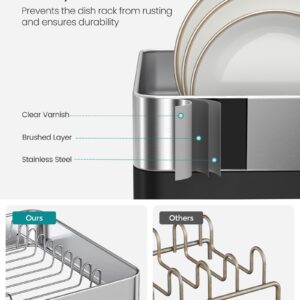 SONGMICS 2-Tier Small Dish Drying Rack, Expandable Dish Dryer for Kitchen Counter, Stainless Steel Dish Rack with Utensil Holder, Rustproof, for Dishes, Knives, Spoons, Forks, Silver Black UKCS036B01