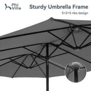 PHI VILLA 15ft Large Patio Umbrellas with Base, Outdoor Double-Sided Rectangle Market Umbrella for Pool Lawn Garden, Light Gray