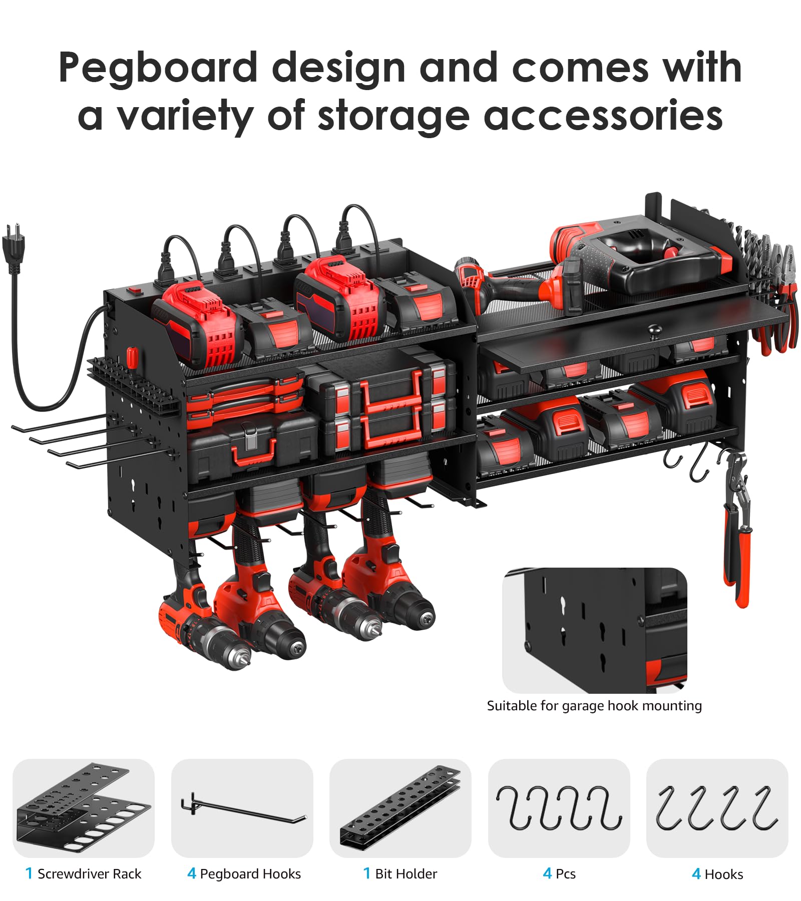 CCCEI Power Tools Organizers with Charging Station. Drills and Battery Holder Wall Mount with Cabinet Storage. Garage Rack Shelf with Power Strip. Gifts for Men, Father.