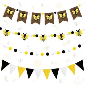 4 sets honey bee party decorations bee felt garlands vintage rustic burlap hanging bunting banner bees pom pom happy bee's day party supplies for baby shower birthday party