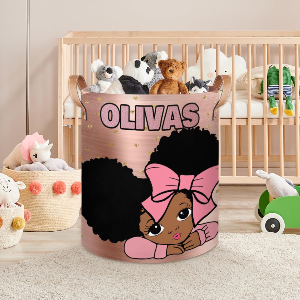 Personalized Laundry Basket, Custom Gift Laundry Hamper, Collapsible Nursery Waterproof Laundry Baskets, Dirty Clothes Toy Hamper with Handles Glittery Rose Gold Princess